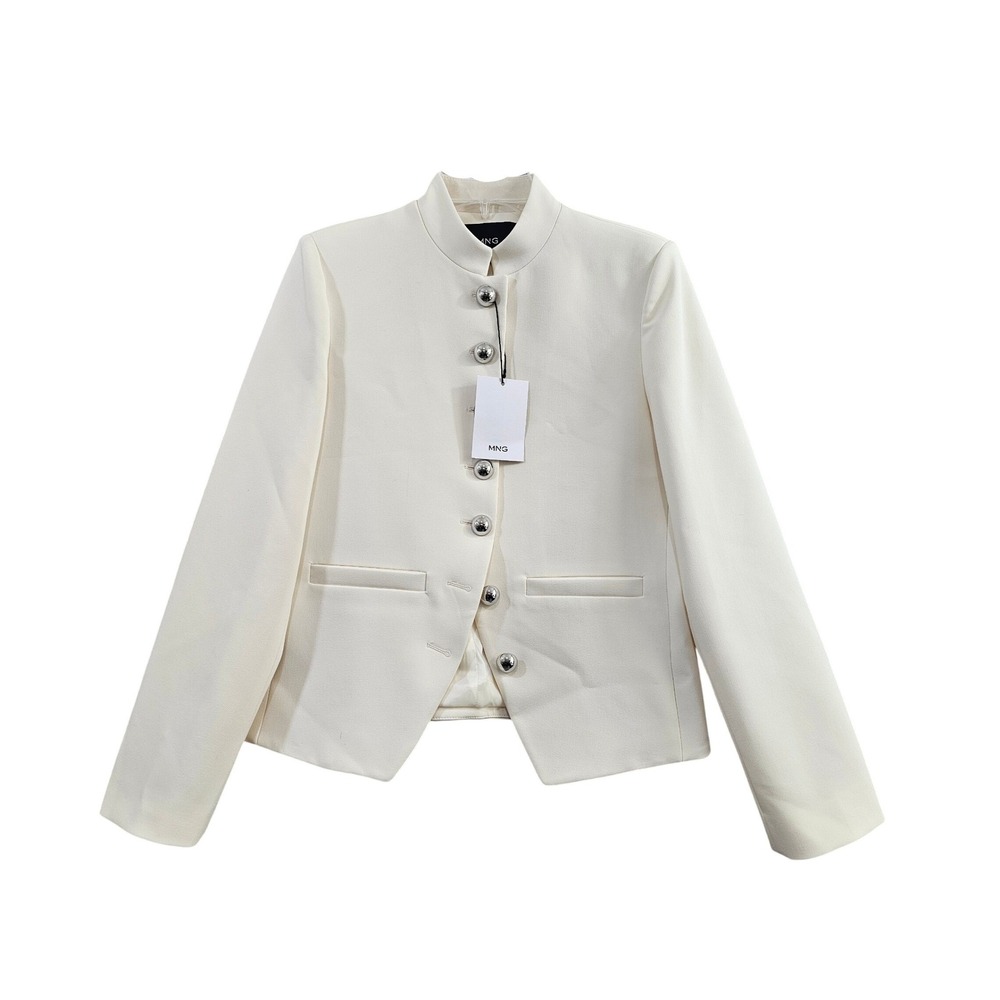 Mango MNG Jewel-Button Strip Collar Jacket Medium Cream Solid Mandarin Collar NW